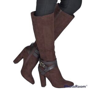 JustFab Dosha Boots Knee High Brown Faux Suede Buckle Strap 7W